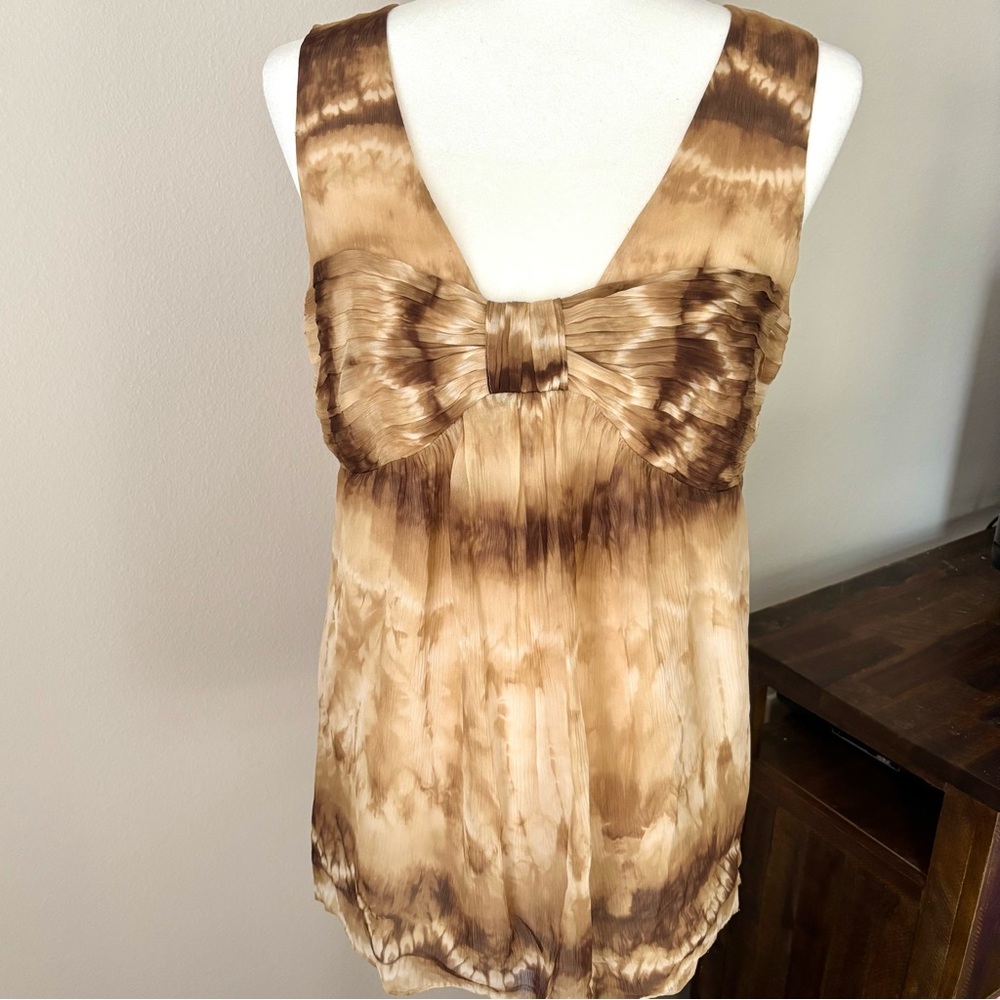 Anne Klein Tie Dye Bow Front Sleeveless Tunic Top Beige Brown Medium